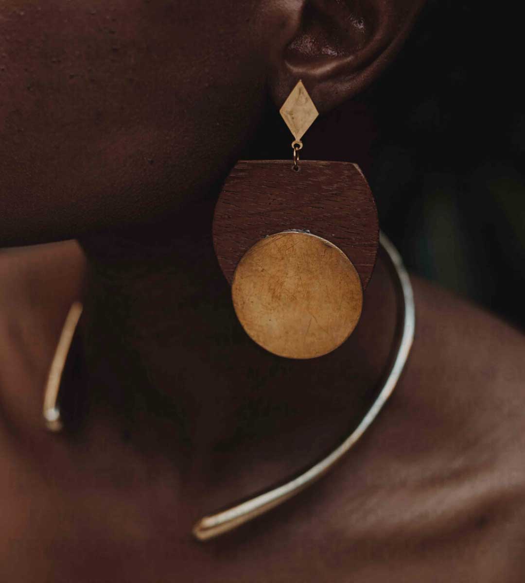 Handmade Wood and brass earrings and brass necklace